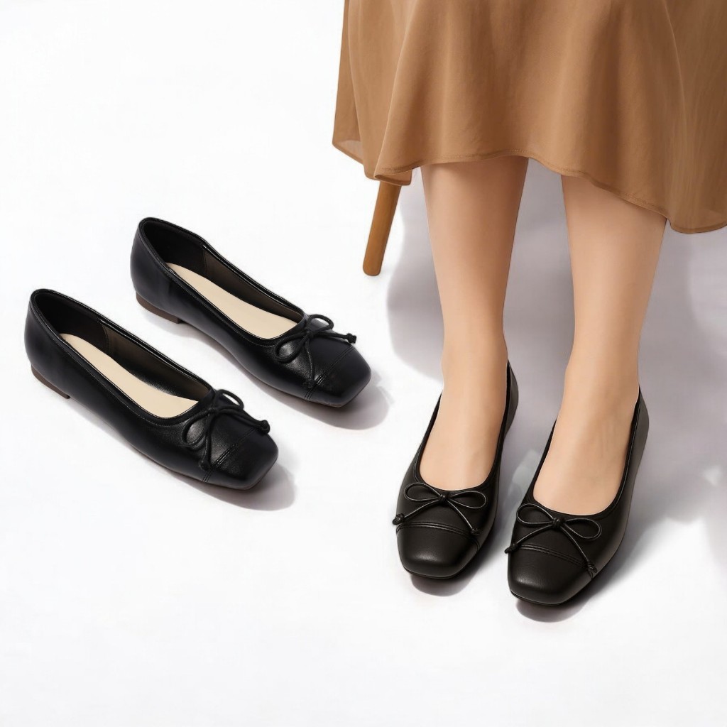 Giày Búp Bê Bệt Mũi Vuông Phối Nơ Nhỏ Pixie H396