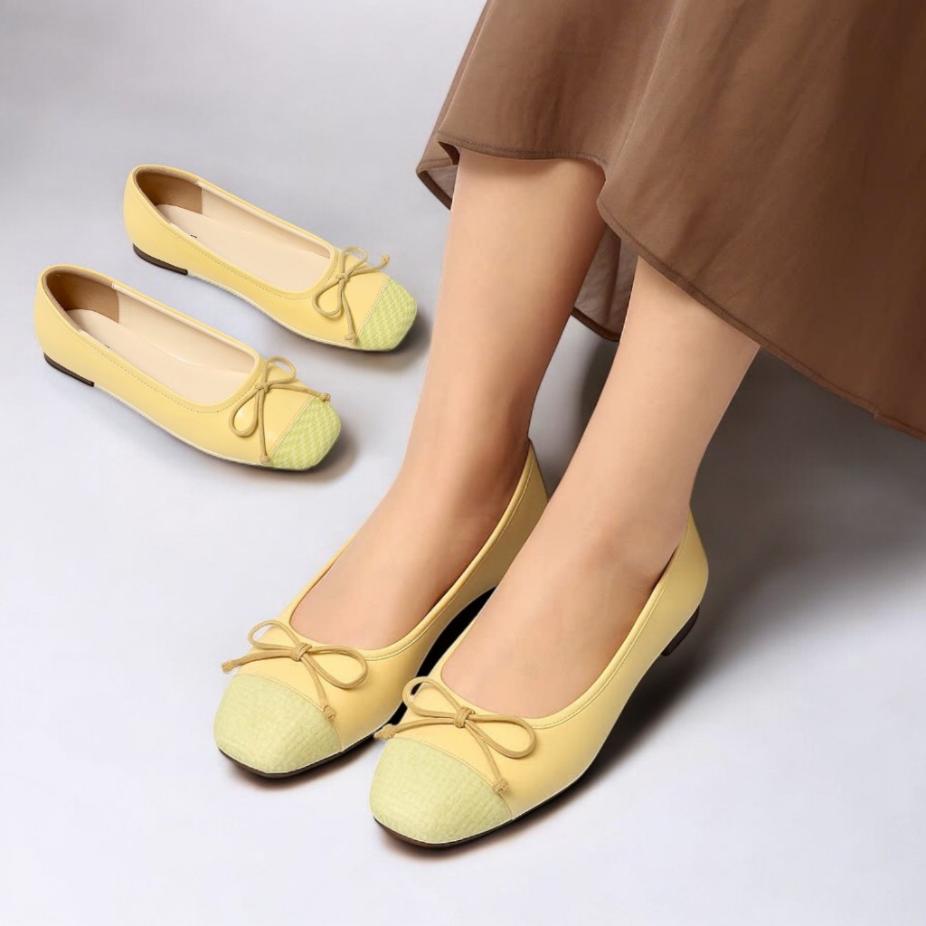 Giày Búp Bê Bệt Mũi Vuông Phối Nơ Nhỏ Pixie H396