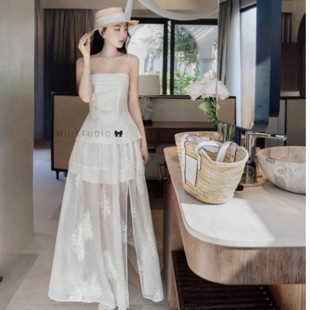 MIU.STUDIO • Đầm 2S phối tơ thiết kế dáng dài mặc đi biển, Váy nữ cúp ngực phối chân xẻ tà tiểu thư