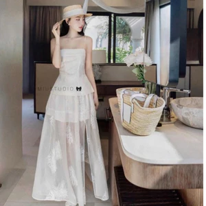 MIU.STUDIO • Đầm 2S phối tơ thiết kế dáng dài mặc đi biển, Váy nữ cúp ngực phối chân xẻ tà tiểu thư