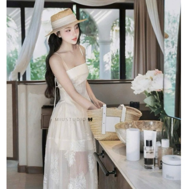 MIU.STUDIO • Đầm 2S phối tơ thiết kế dáng dài mặc đi biển, Váy nữ cúp ngực phối chân xẻ tà tiểu thư