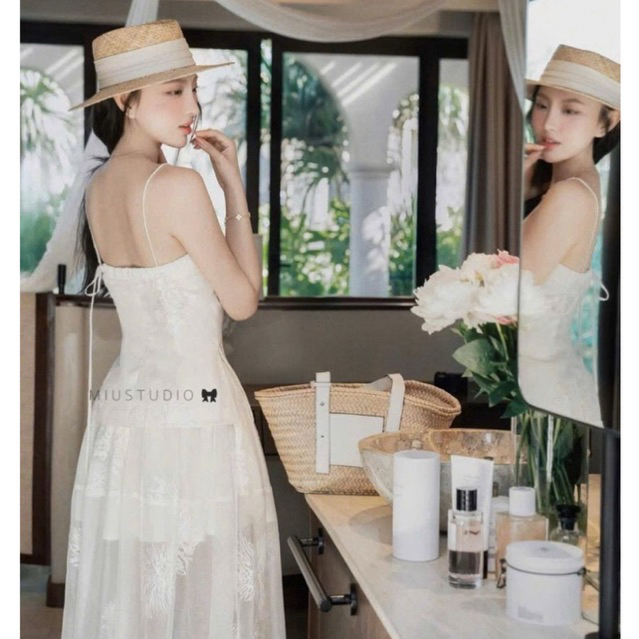 MIU.STUDIO • Đầm 2S phối tơ thiết kế dáng dài mặc đi biển, Váy nữ cúp ngực phối chân xẻ tà tiểu thư