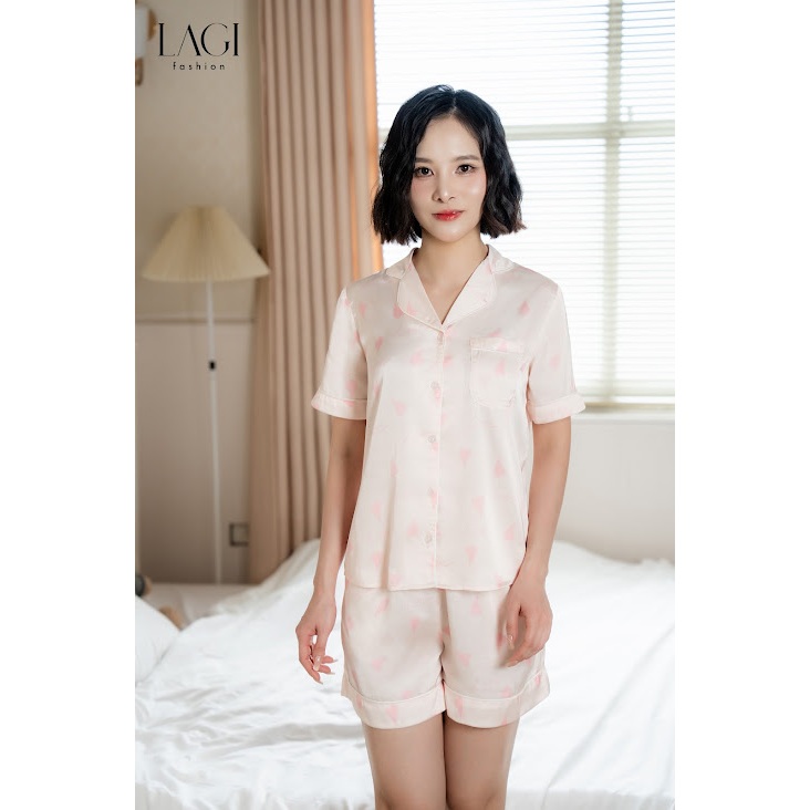 Đồ ngủ chính hãng LAGI, set pijama ngắn tay chất liệu lụa cao cấp họa tiết trái tim