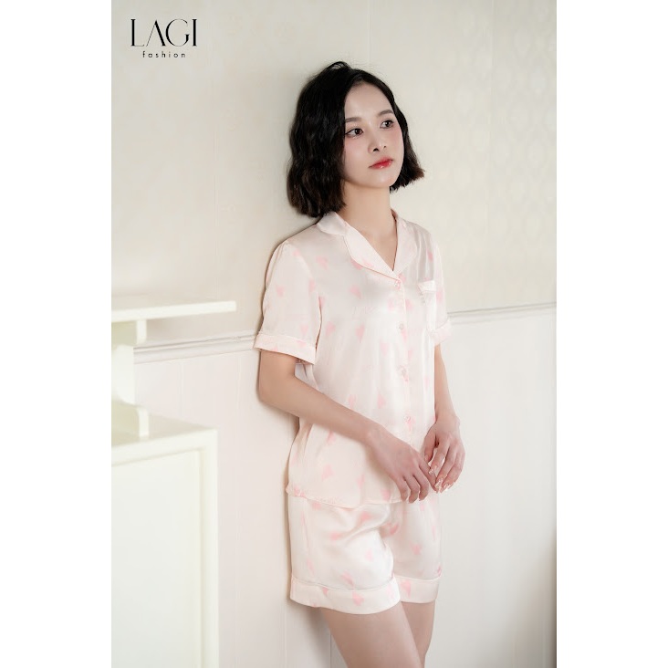 Đồ ngủ chính hãng LAGI, set pijama ngắn tay chất liệu lụa cao cấp họa tiết trái tim