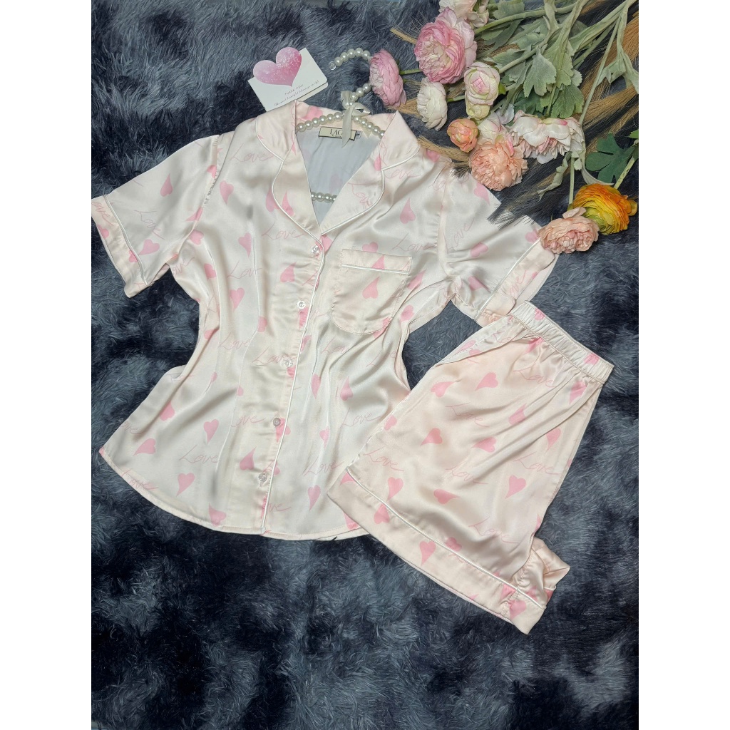 Đồ ngủ chính hãng LAGI, set pijama ngắn tay chất liệu lụa cao cấp họa tiết trái tim