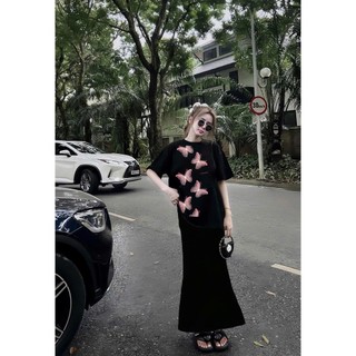 Bộ Áo Thun Nữ CHEPOL Cao Cấp, Form Rộng, In Bướm, Cổ Tròn, Phối Chân Váy Dài, Chất Cotton(Áo Thun Đen+CVĐuôi Cá)CP_x4571
