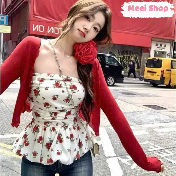Set Áo Kiểu Nữ Peplum Họa Tiết Hoa Hồng Kèm Áo KHoác Tay Dài Nữ Tính, Áo Quây Nữ Dáng Xòe (có mút) in Hoa Mùa Hè -A113-