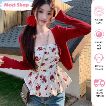 Set Áo Kiểu Nữ Peplum Họa Tiết Hoa Hồng Kèm Áo KHoác Tay Dài Nữ Tính, Áo Quây Nữ Dáng Xòe (có mút) in Hoa Mùa Hè -A113-