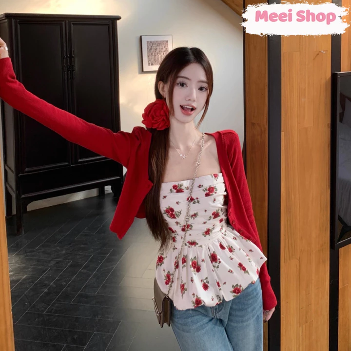 Set Áo Kiểu Nữ Peplum Họa Tiết Hoa Hồng Kèm Áo KHoác Tay Dài Nữ Tính, Áo Quây Nữ Dáng Xòe (có mút) in Hoa Mùa Hè -A113-