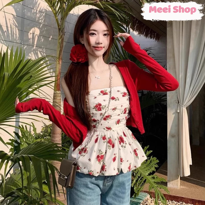 Set Áo Kiểu Nữ Peplum Họa Tiết Hoa Hồng Kèm Áo KHoác Tay Dài Nữ Tính, Áo Quây Nữ Dáng Xòe (có mút) in Hoa Mùa Hè -A113-