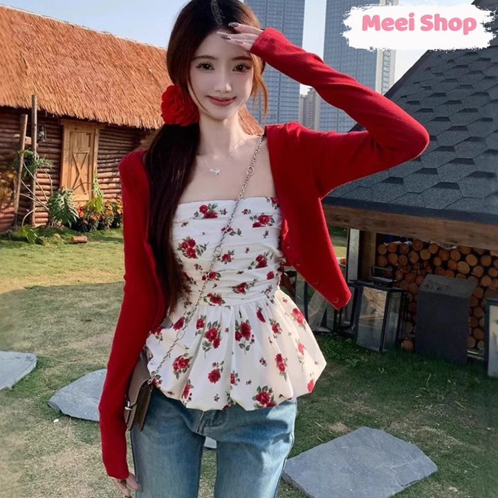 Set Áo Kiểu Nữ Peplum Họa Tiết Hoa Hồng Kèm Áo KHoác Tay Dài Nữ Tính, Áo Quây Nữ Dáng Xòe (có mút) in Hoa Mùa Hè -A113-