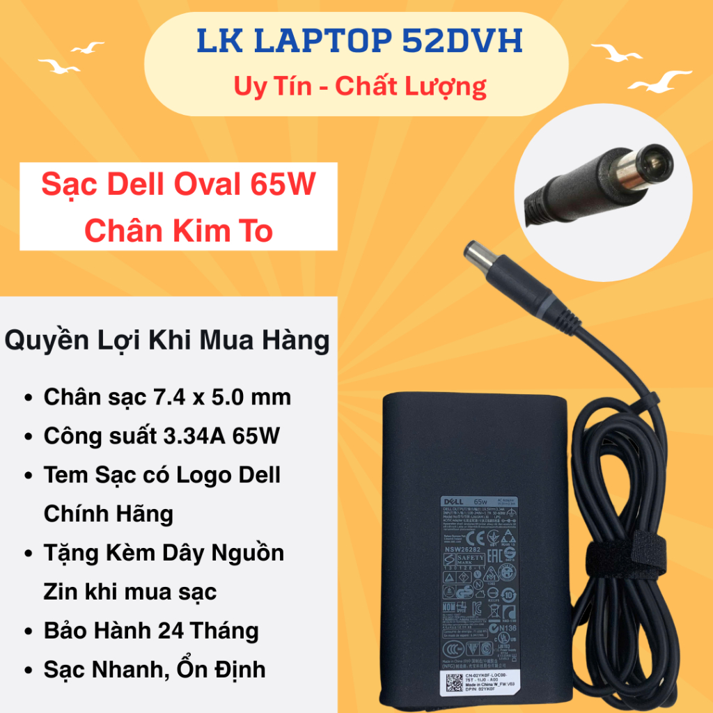 Sạc Laptop DELL Oval Chân To/ Nhỏ - Sạc DELL Type C - Sạc máy tính DELL 65W 90W 130W - Cục sạc Laptop Dell New 100%