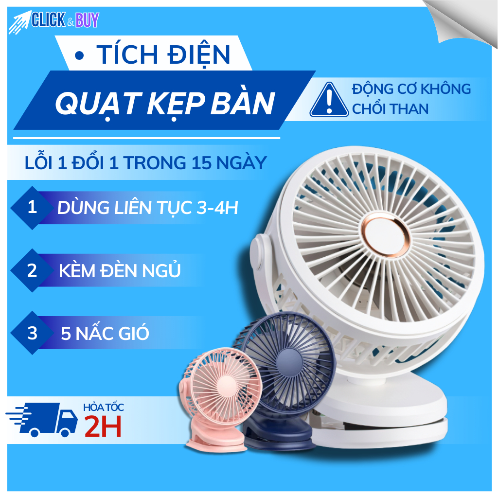 Quạt Kẹp Bàn Mini Tích Điện Dung Lượng 6.000mAh, 5 Chế Độ Gió, Quạt Tích Điện Xoay 360 Kèm Đèn Ngủ