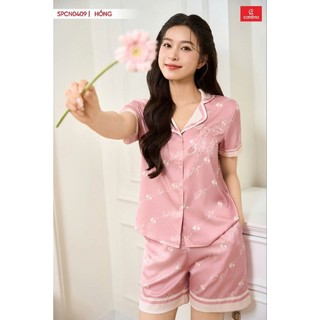 5PCN04 Bộ pijama nữ CARDINA đùi cộc tay chất lụa trơn in chữ họa tiết LOVE dáng basic 5PCN04