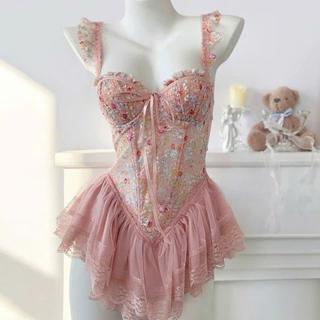 V40 Váy Ngủ Nữ Thiết Kế Hoa Ren Mềm Mại Có Đệm Dáng Ngắn Hở V3 Kèm Quần Chip Phương Linh Underwear