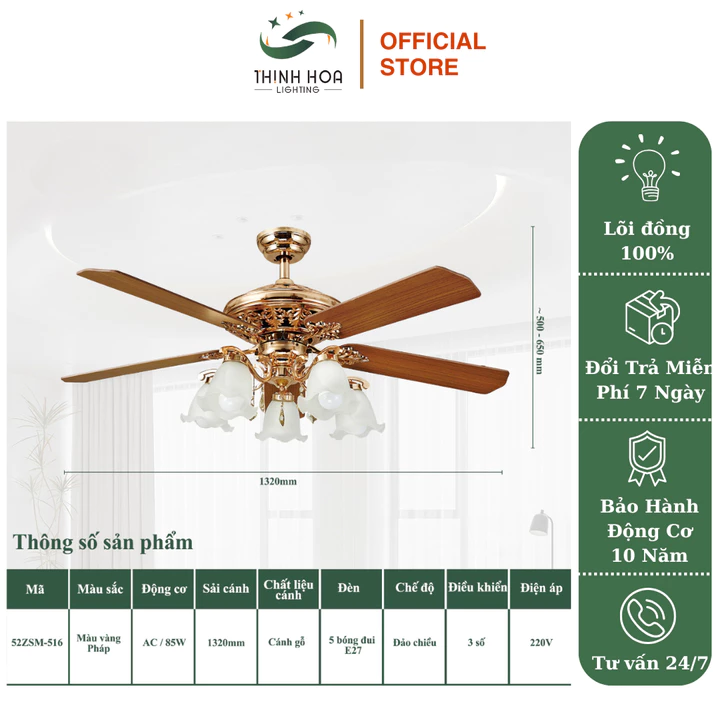 Quạt Trần Có Đèn Chùm Thịnh Hoa, Quạt Trần Trang Trí Phòng Khách Phòng Ngủ, Cánh Gỗ, Bảo Hành 10 Năm