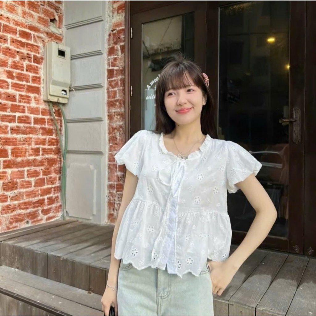 Áo babydoll cổ phối viền bèo thắt nơ,hàng hai lớp siêu xinh LABEL A40