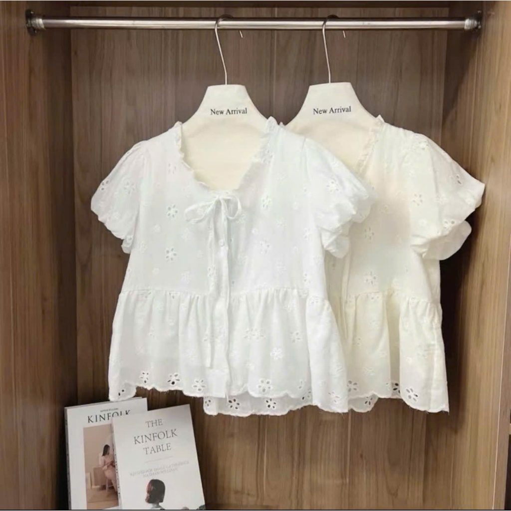 Áo babydoll cổ phối viền bèo thắt nơ,hàng hai lớp siêu xinh LABEL A40