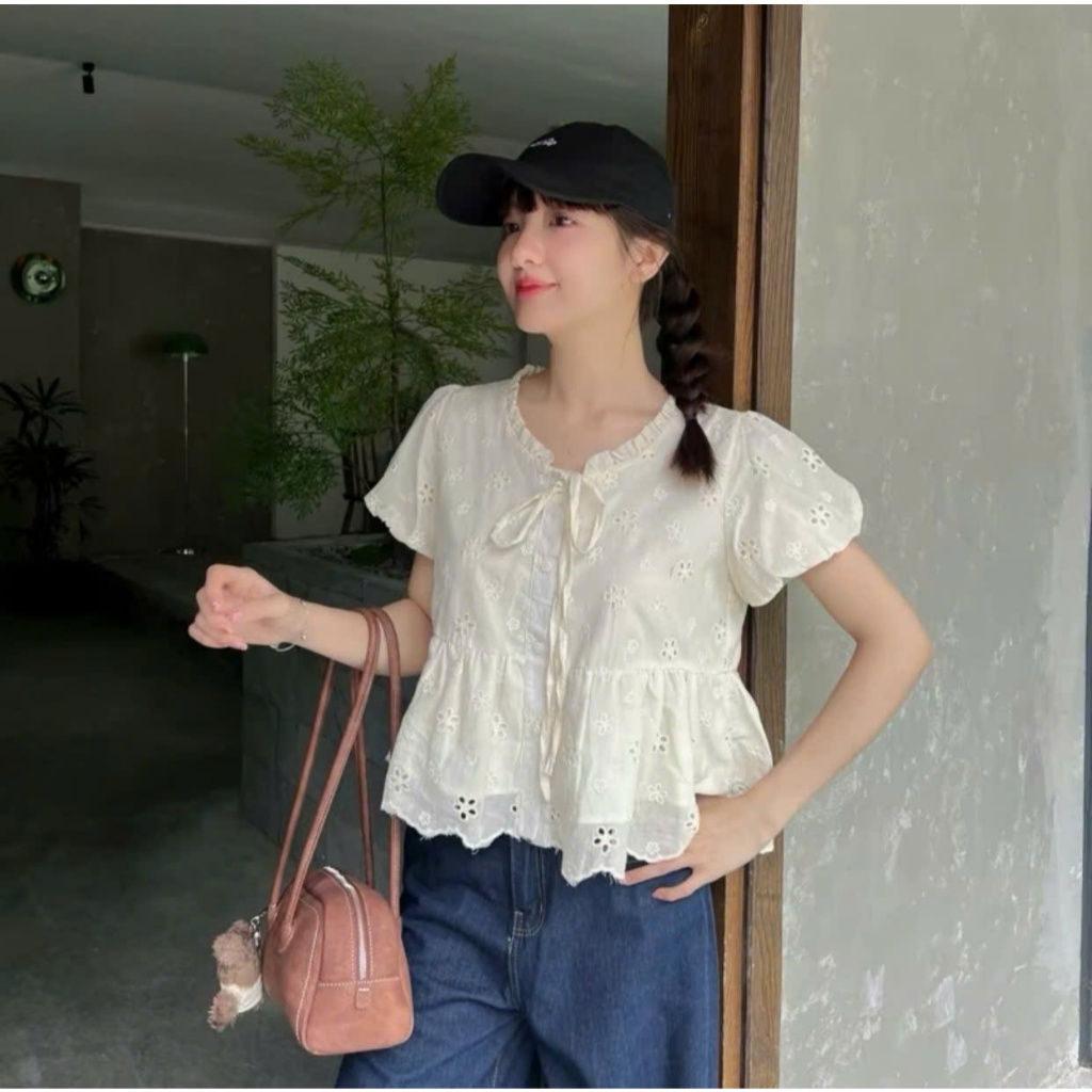 Áo babydoll cổ phối viền bèo thắt nơ,hàng hai lớp siêu xinh LABEL A40
