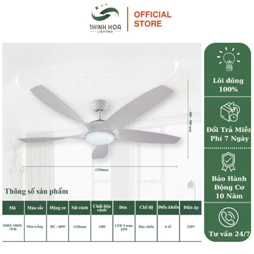 Quạt Đèn Trần Cao Cấp Thịnh Hoa, Đèn Trần Có Quạt, Động Cơ DC Lõi Đồng Có Đảo Chiều, Bảo Hành 10 Năm