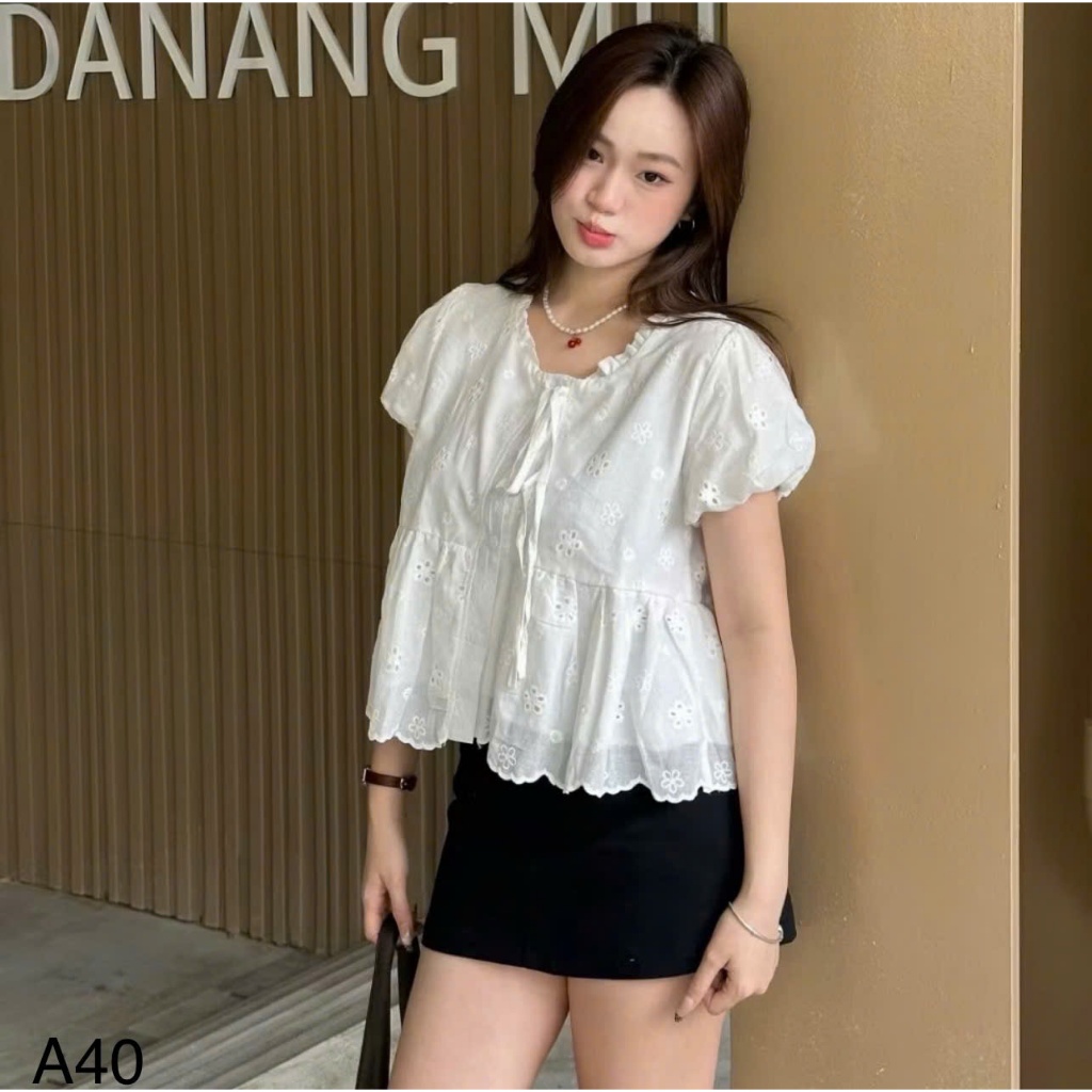 Áo babydoll cổ phối viền bèo thắt nơ,hàng hai lớp siêu xinh LABEL A40