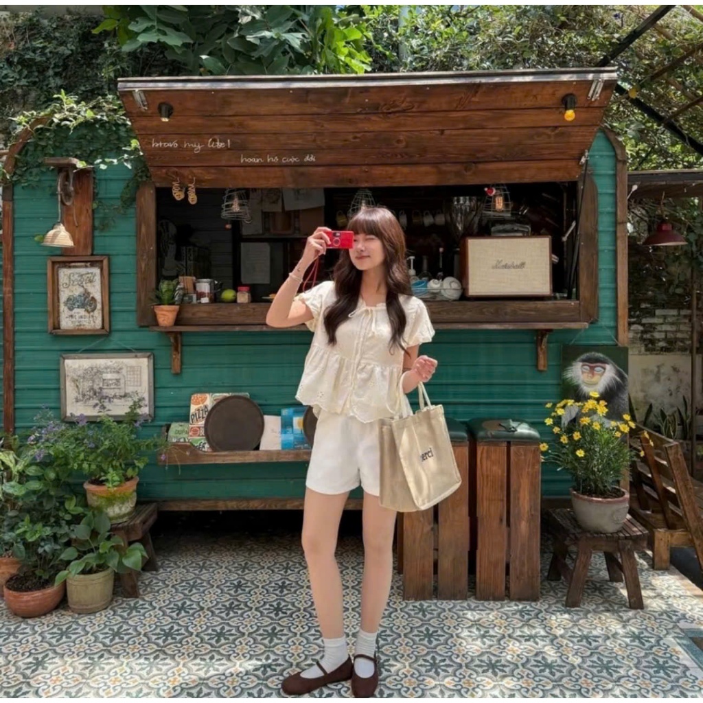 Áo babydoll cổ phối viền bèo thắt nơ,hàng hai lớp siêu xinh LABEL A40