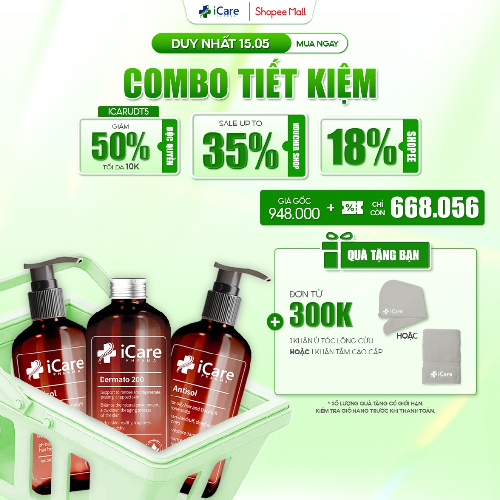 Ảnh Combo 02 Dầu Gội Sạch Gàu Antisol & 01 Dermato 200 | Thương Hiệu iCare Pharma | Sạch Gàu Giảm Rụng 1
