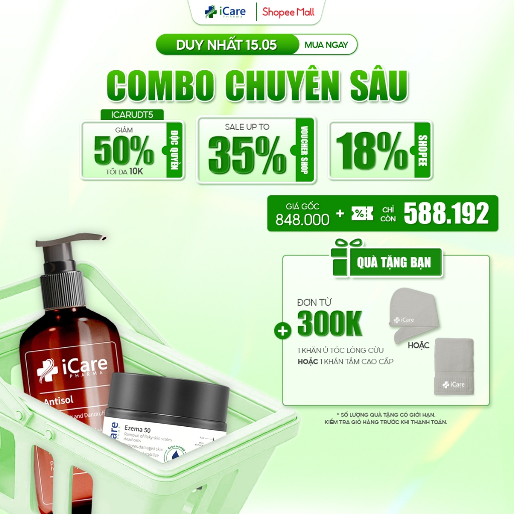 Ảnh Combo Sản Phẩm Ezema 50 & Dầu Gội Sạch Gàu Antisol | Thương Hiệu iCare Pharma | Hỗ Trợ Trị Gàu Ngứa, Nấm Da Đầu Lâu Năm 1