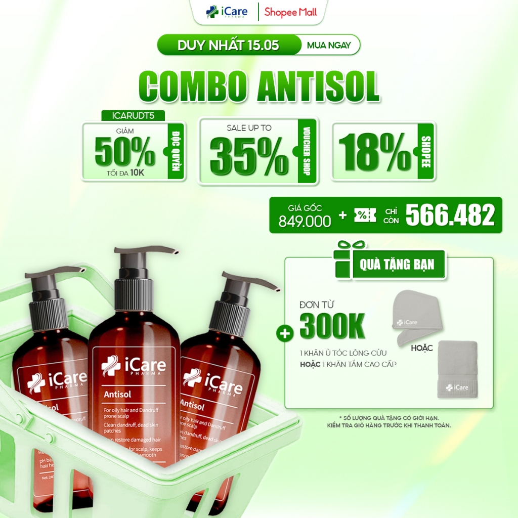 Ảnh Combo 3 Chai Dầu Gội Sạch Gàu Antisol | Thương Hiệu iCare Pharma | Làm Sạch Gàu Nấm Ngứa Da Đầu 1