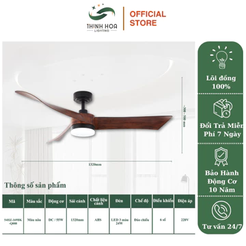 Quạt Trần Đèn Thịnh Hoa, Quạt Trần Trang Trí Phòng Ngủ, Động Cơ DC Lõi Đồng Có Đảo Chiều, BH 10 Năm