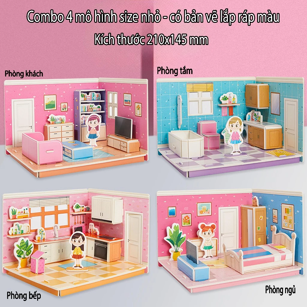Size to Combo 4, 5, 6 bộ mô hình 3D bìa xốp lắp ráp thông minh, đồ chơi lắp ghép hình 3D nhiều chủ đ