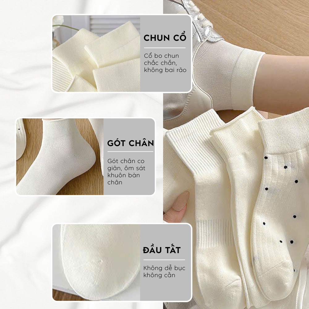 Tất vớ nữ set 5 đôi cổ ngắn phong cách tiểu thư nữ tính, chất liệu mềm mịn thoáng khí - Ekiu Shop