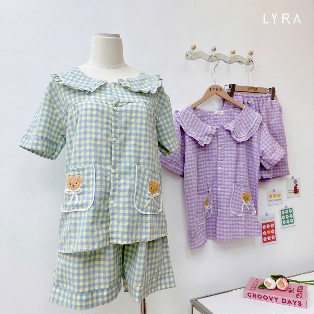 Ảnh LYRA - Bộ đồ ngủ nữ ngắn tay kẻ caro cổ sen túi gấu, Set đũi hè pijama nhiều màu thoáng mát mặc ở nhà - LWNSE015 1
