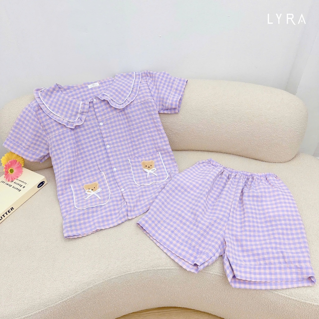 Ảnh LYRA - Bộ đồ ngủ nữ ngắn tay kẻ caro cổ sen túi gấu, Set đũi hè pijama nhiều màu thoáng mát mặc ở nhà - LWNSE015 4