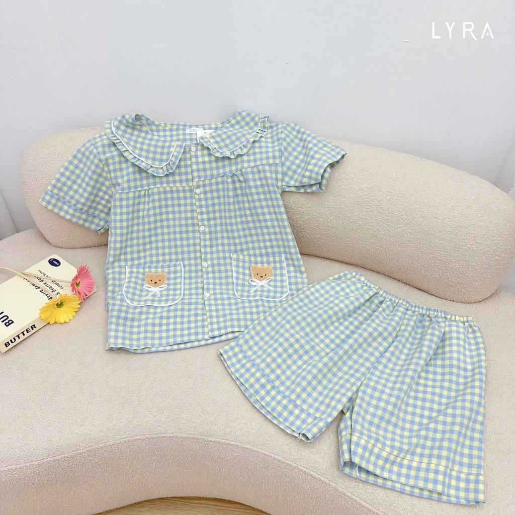 Ảnh LYRA - Bộ đồ ngủ nữ ngắn tay kẻ caro cổ sen túi gấu, Set đũi hè pijama nhiều màu thoáng mát mặc ở nhà - LWNSE015 3