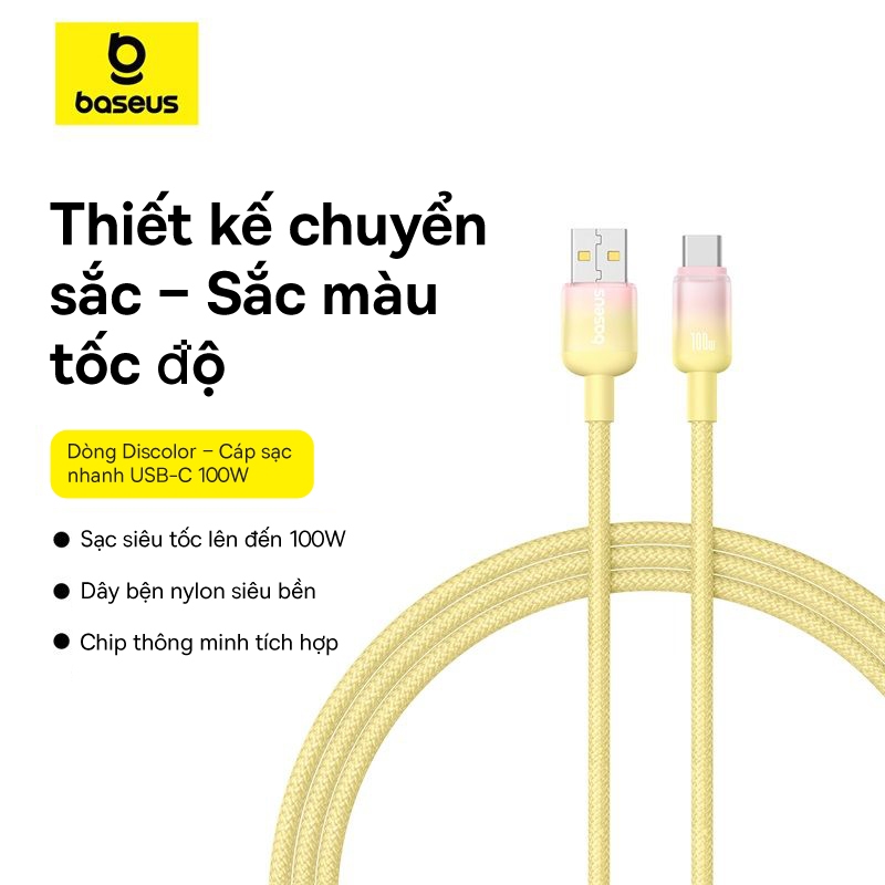 Dây cáp sạc nhanh Baseus Discolor USB sang Type C 100W cho Huawei Xiaomi Cáp truyền dữ liệu chính hãng