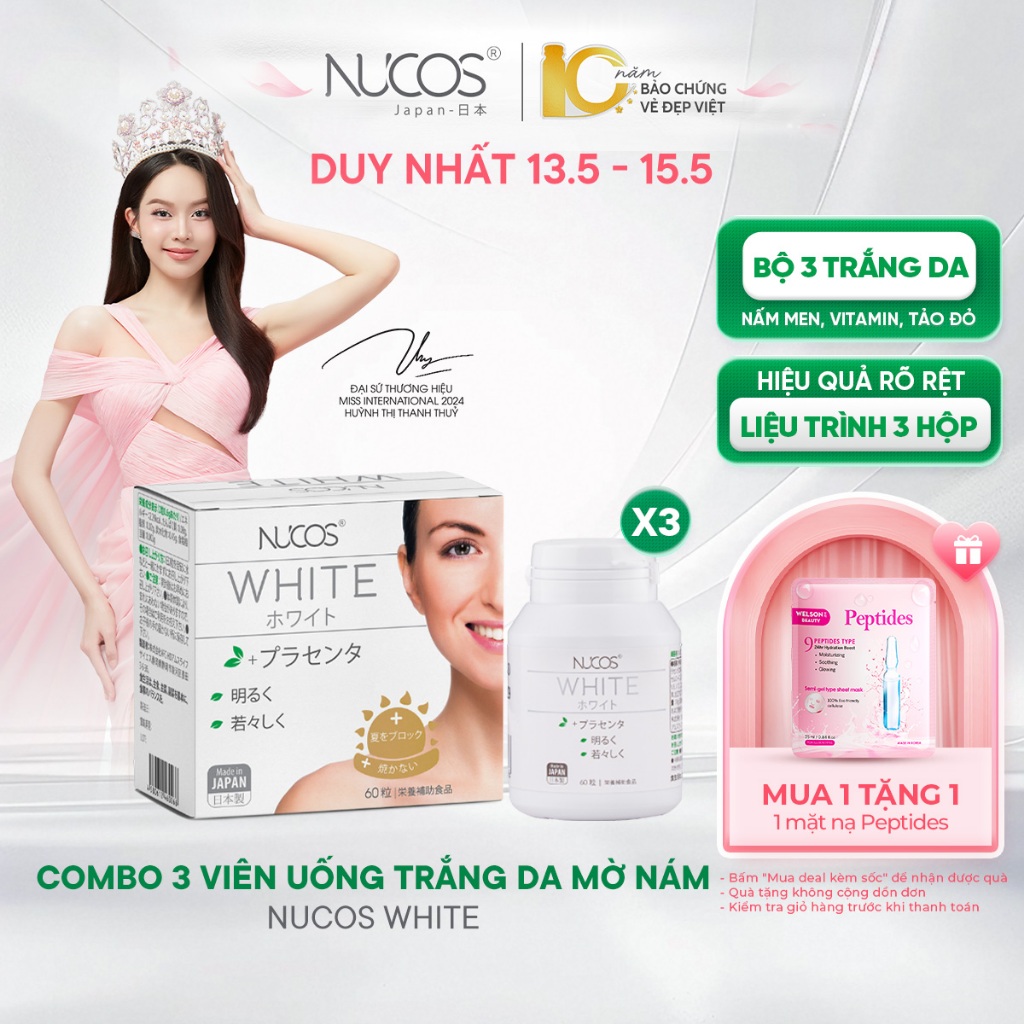 Ảnh TPBVSK Viên Uống Trắng Da Nucos White Hỗ Trợ Mờ Thâm Nám Sáng Da Chống Nắng [3Hộp x60 viên] 1