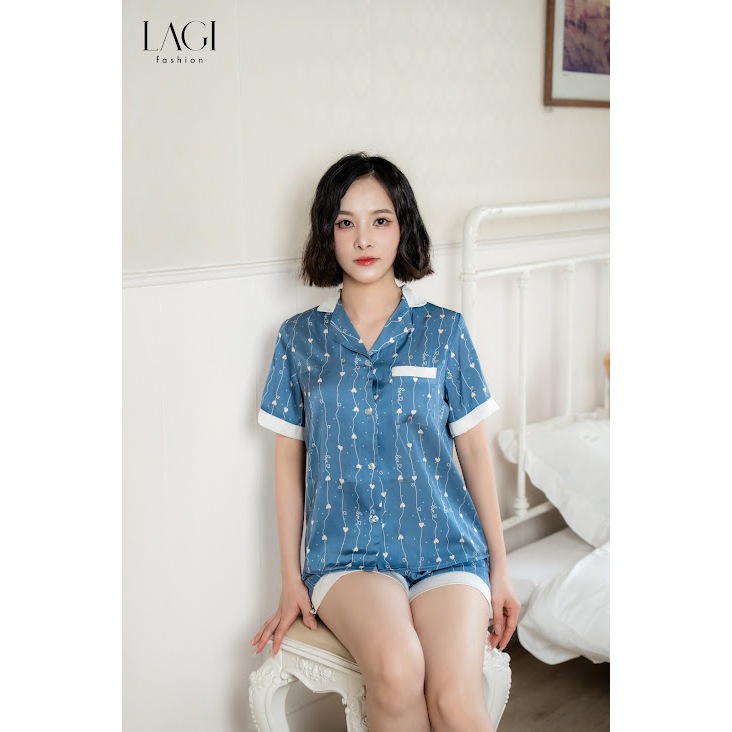 Đồ ngủ chính hãng LAGI, set pijama chất liệu lụa cao cấp, màu xanh có họa tiết - Love PN01