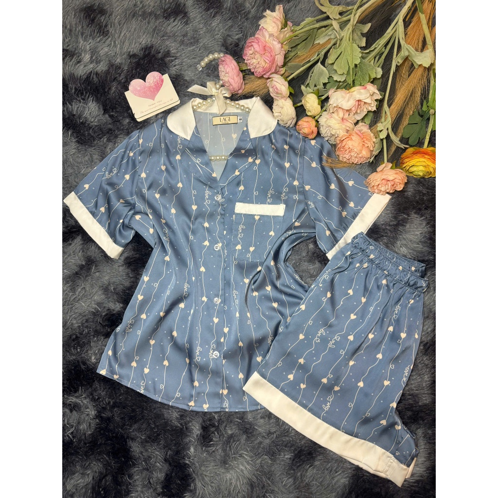 Đồ ngủ chính hãng LAGI, set pijama chất liệu lụa cao cấp, màu xanh có họa tiết - Love PN01