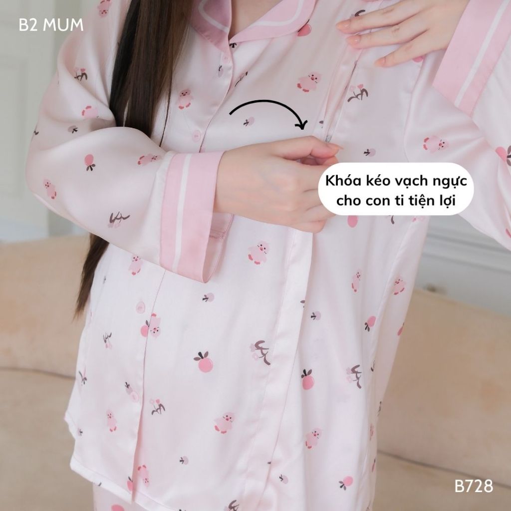 Bộ bầu mặc nhà và sau sinh lụa cao cấp mềm nhẹ mát áo có khóa dọc bé ti quần chun chỉnh - B728 B2MUM