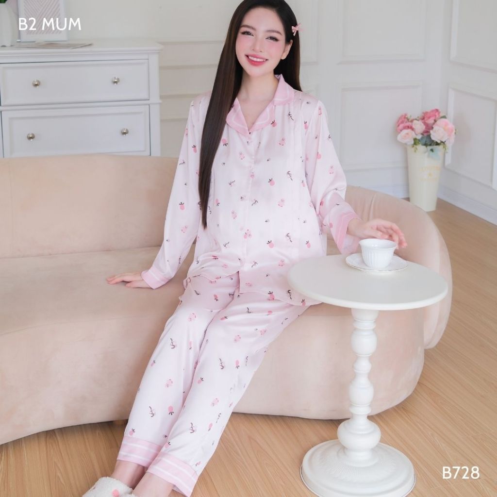 Bộ bầu mặc nhà và sau sinh lụa cao cấp mềm nhẹ mát áo có khóa dọc bé ti quần chun chỉnh - B728 B2MUM