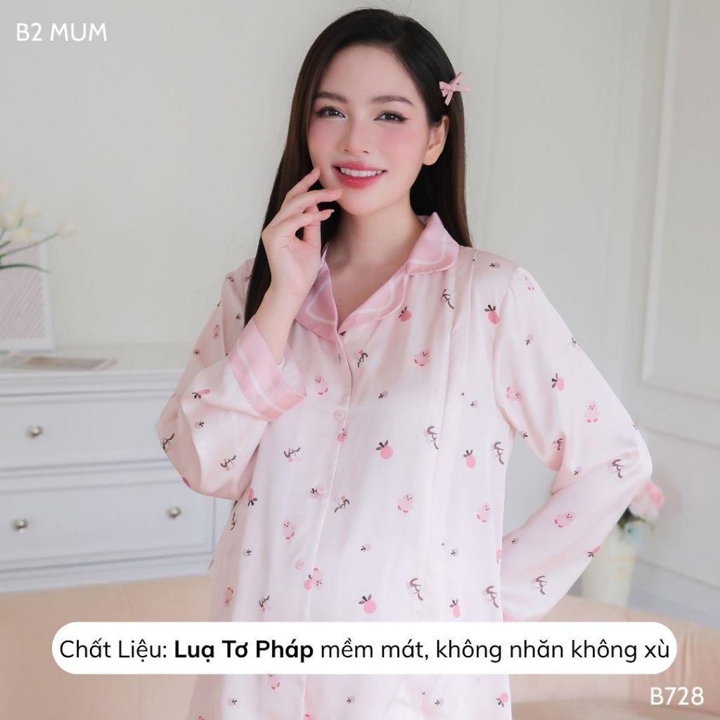 Bộ bầu mặc nhà và sau sinh lụa cao cấp mềm nhẹ mát áo có khóa dọc bé ti quần chun chỉnh - B728 B2MUM