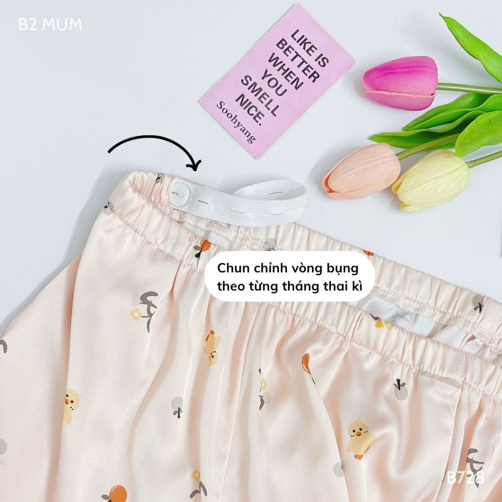 Bộ bầu mặc nhà và sau sinh lụa cao cấp mềm nhẹ mát áo có khóa dọc bé ti quần chun chỉnh - B728 B2MUM