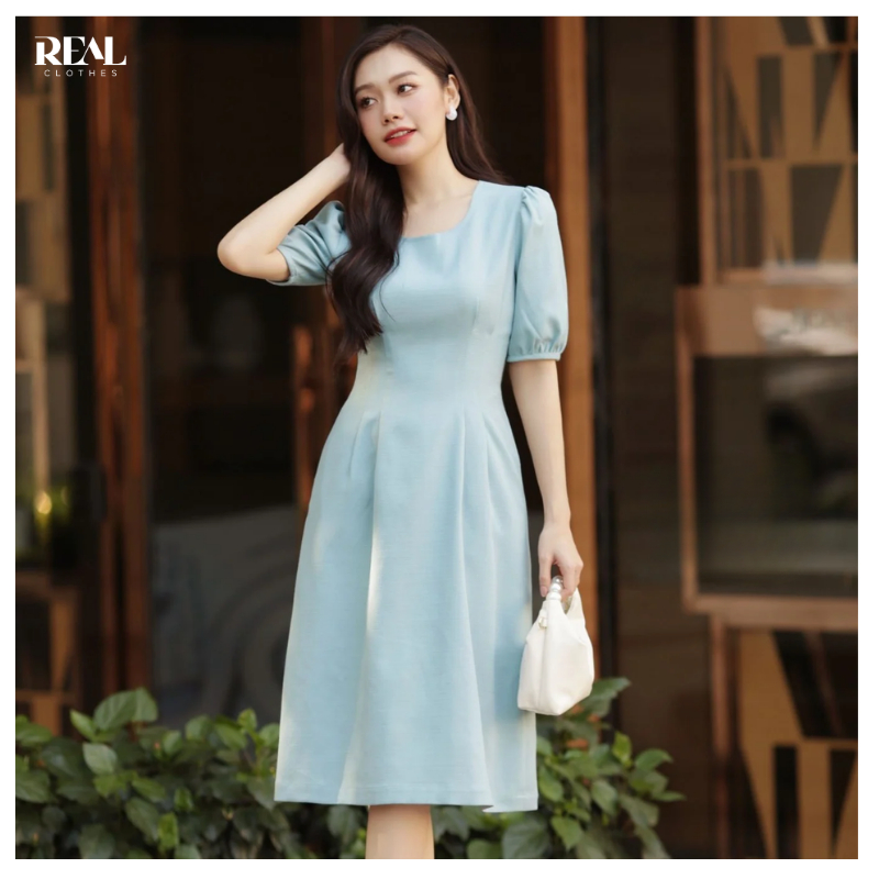 Đầm công sở cổ tròn tay phồng Macy REAL CLOTHES (tổng hợp màu), che bụng, CÓ TÚI, có lót