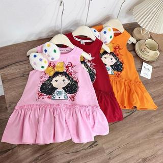 D13-Đầm chữ A đính nơ phối bèo dễ thương cho bé gái Size từ 9-32Kg