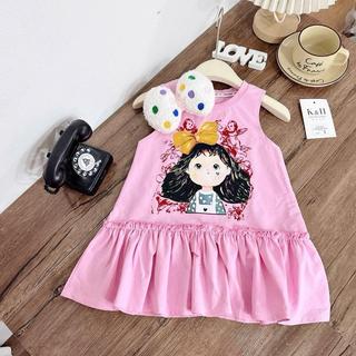 D13-Đầm chữ A đính nơ phối bèo dễ thương cho bé gái Size từ 9-32Kg