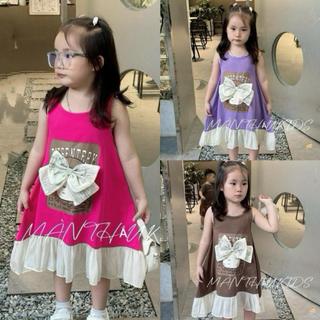 D13-Đầm chữ A đính nơ phối bèo dễ thương cho bé gái Size từ 9-32Kg