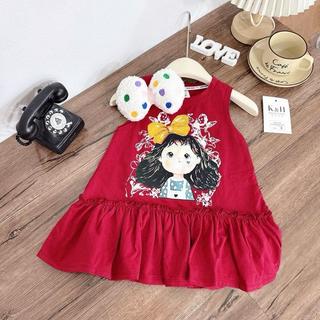 D13-Đầm chữ A đính nơ phối bèo dễ thương cho bé gái Size từ 9-32Kg