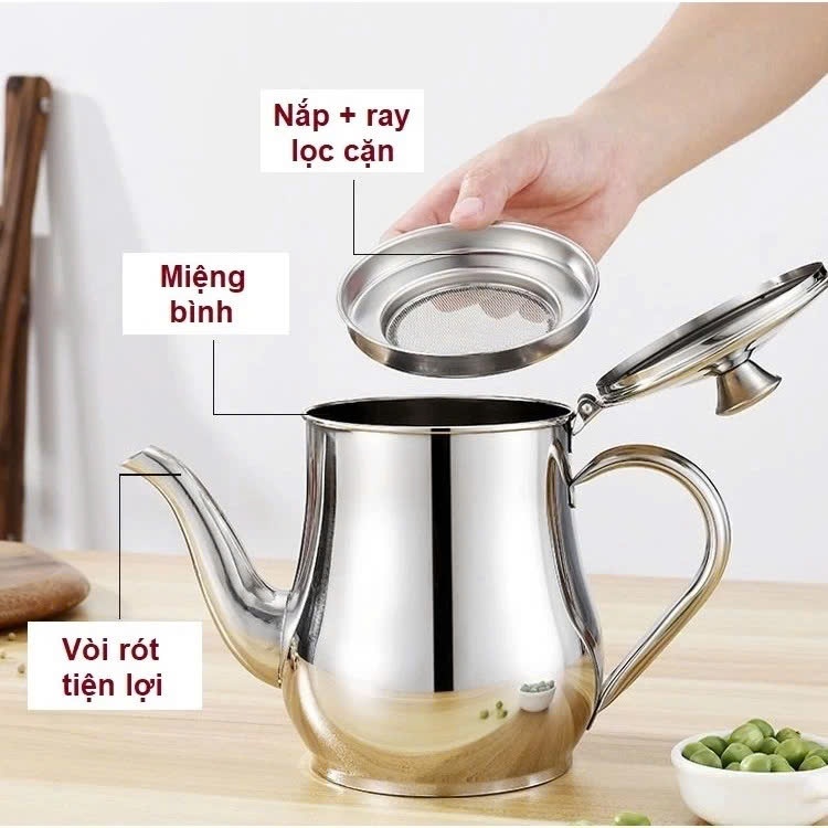Ấm Lọc Dầu, Bình Lọc Dầu Bằng Thép Không Gỉ 800ml Dự Trữ Dầu Ăn, Có Vòi Rót Và Lưới Lọc Lọc Dầu Thừa Sau Chế Biến DASEP