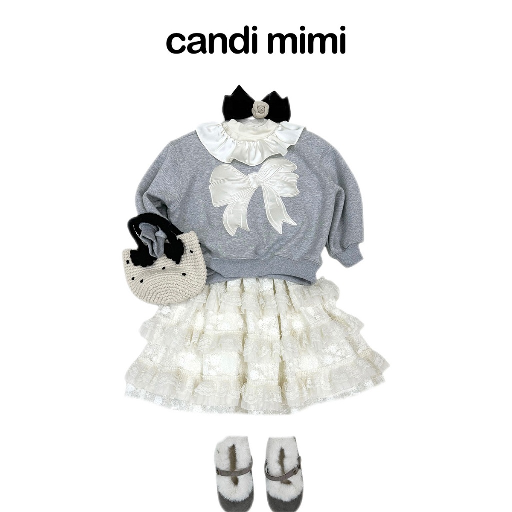 CANDI MIMI Áo nỉ dài tay cổ tròn viền lụa hình nơ cao cấp - Phong cách Hàn Quốc